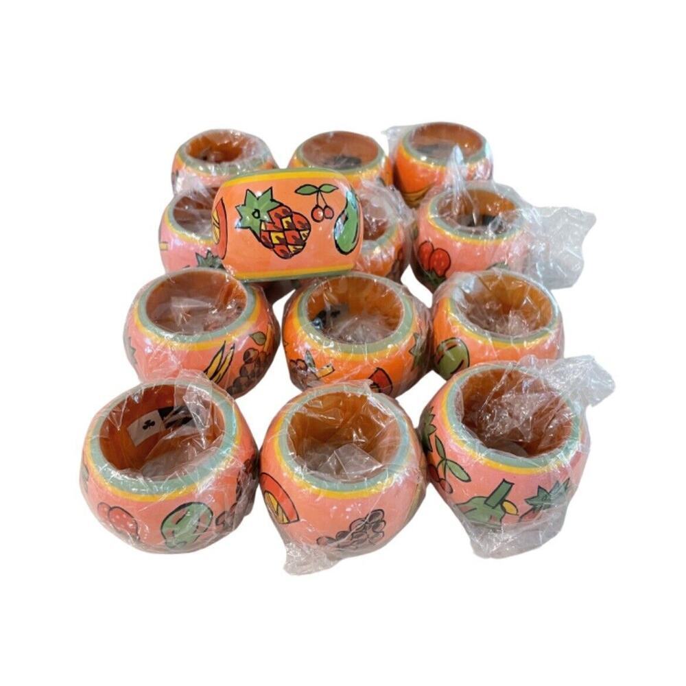 Set Of 12 Napkin Rings‎ Holders Multi Colored Hand Painted Fruit Themed NEW